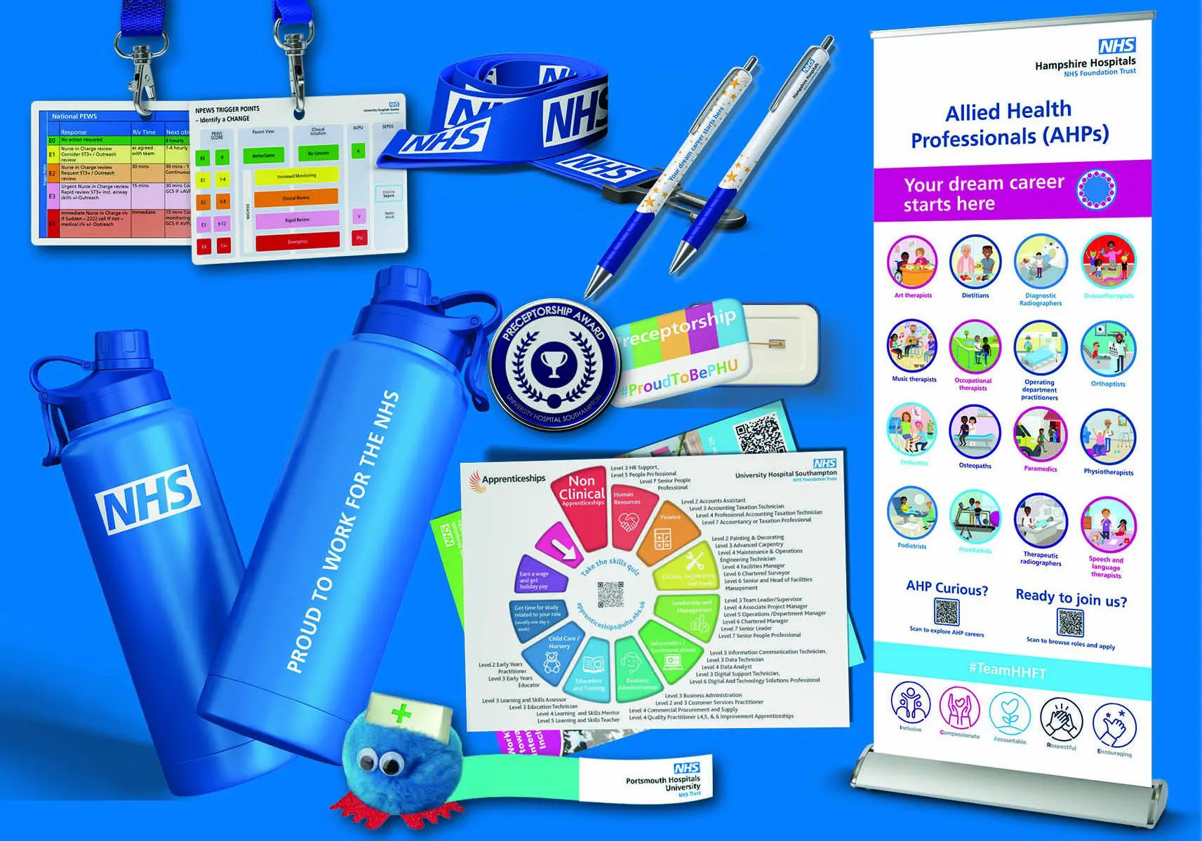 A variety of NHS branded items including NHS Lanyards and bottles for NHS staff